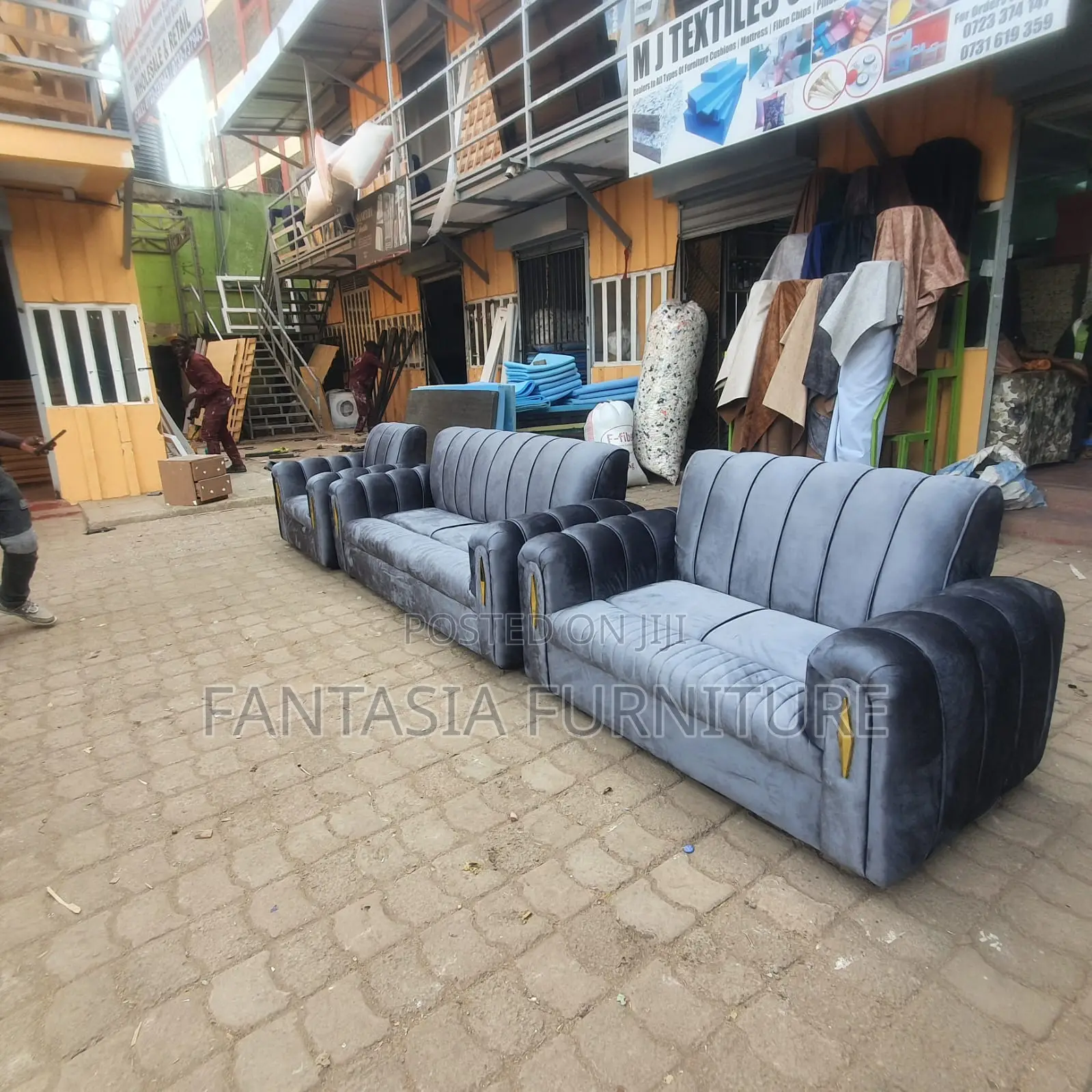 7 Seater Grey Ribbed Sofa Set: Free Delivery