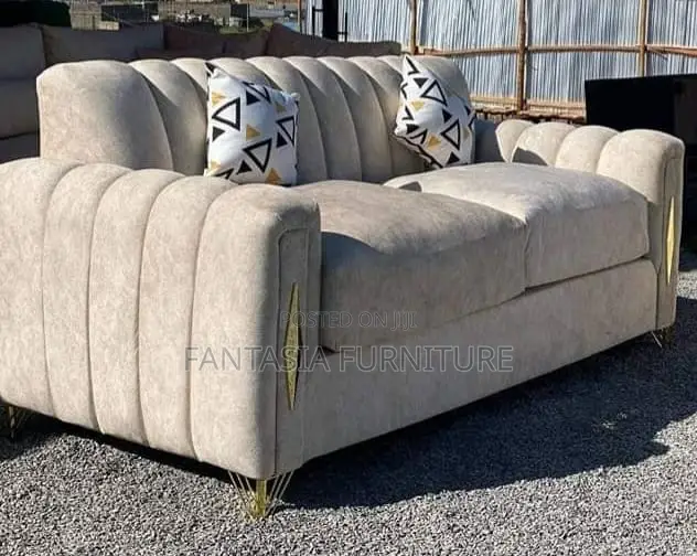 2 Seater Beige Ribbed Sofa: Pay on Delivery