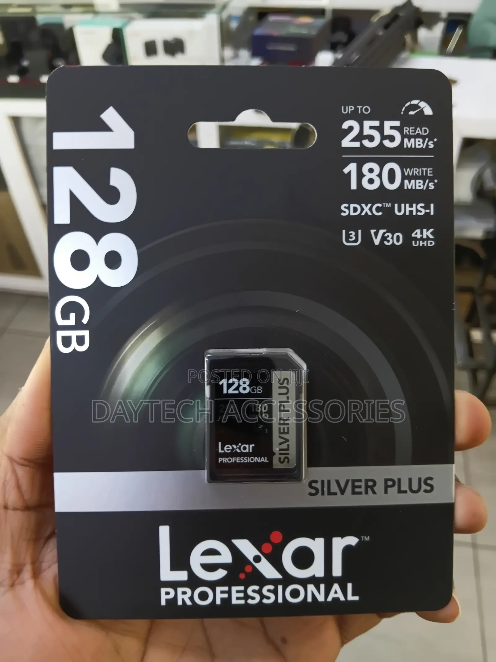 The Lexar Professional Silver Plus 128GB UHS-I SDXC Memory Card.