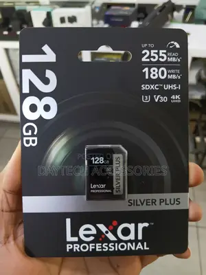 The Lexar Professional Silver Plus 128GB UHS-I SDXC Memory Card.