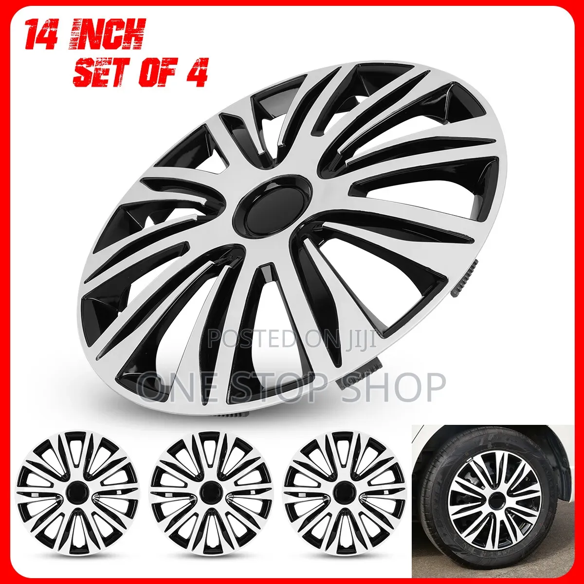 14" Dual Tone Black and Silver Spoke Design Wheel Caps