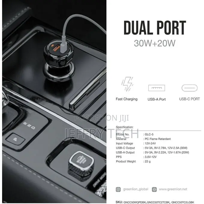 Green Lion Dual Port Car Charger,50W Max Output With C-Lightning Cable