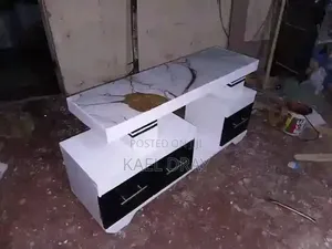 Modern White Black TV Stand With Marble-Finish Top