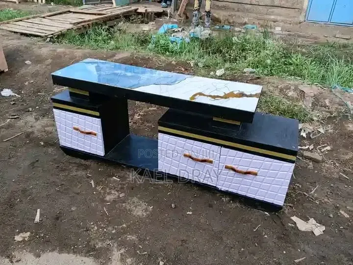 Modern White Black TV Stand With Marble-Finish Top