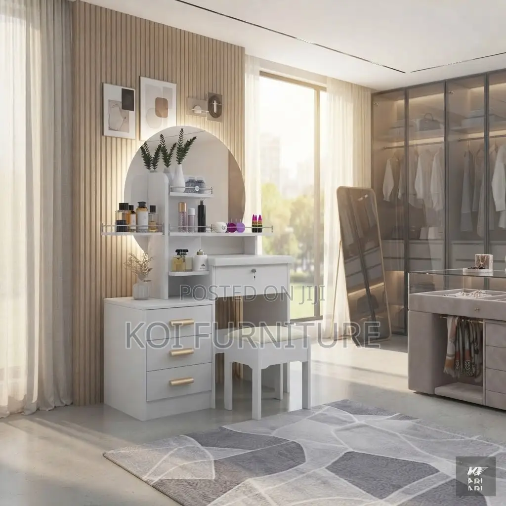 Dressers; Modern White Dressing Vanity Table With Stool