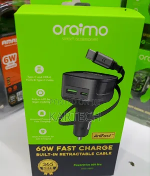 Oraimo 60W Fast-Charging Car Adapter – OCC-7601T With Inbuilt Cable