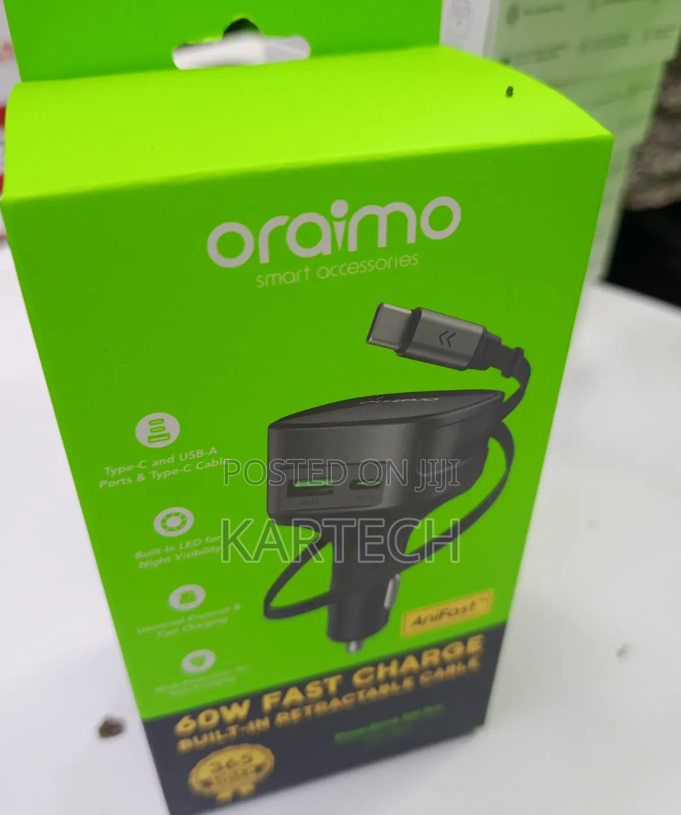 Oraimo 60W Fast-Charging Car Adapter – OCC-7601T With Inbuilt Cable