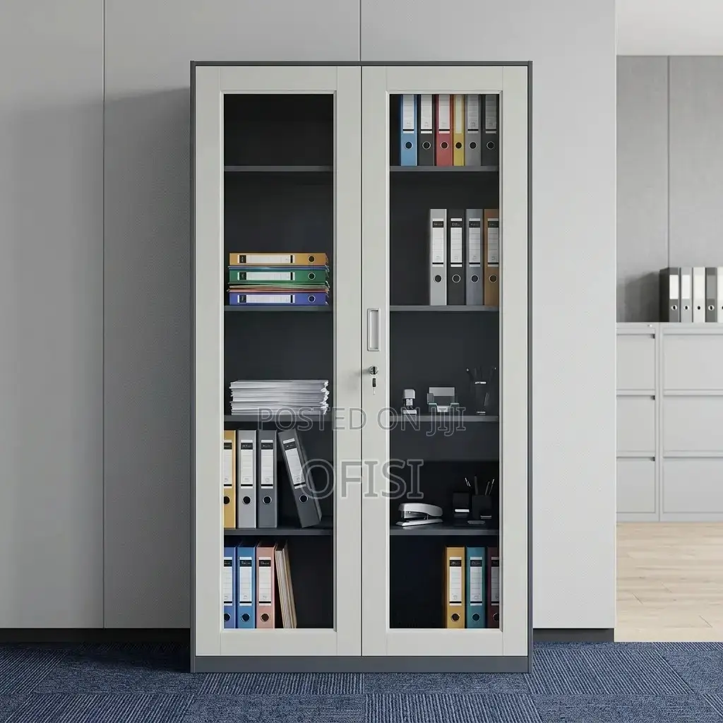 Office Cabinet; Glass Door Filing Cabinet (White Black)