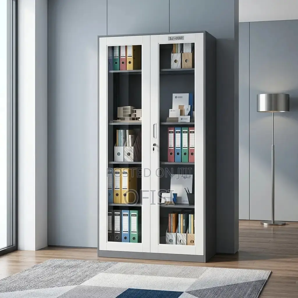 Office Cabinet; Glass Door Filing Cabinet (White Black)