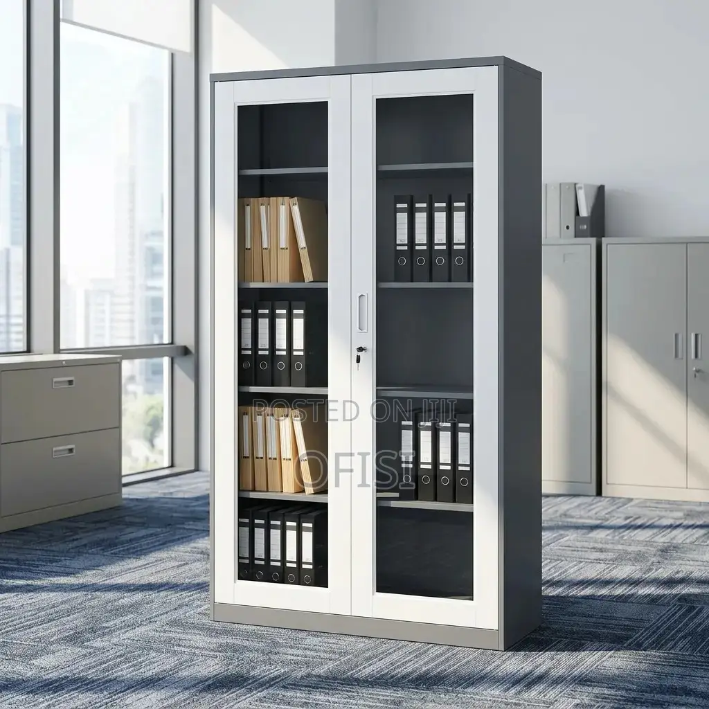 Office Cabinet; Glass Door Filing Cabinet (White Black)