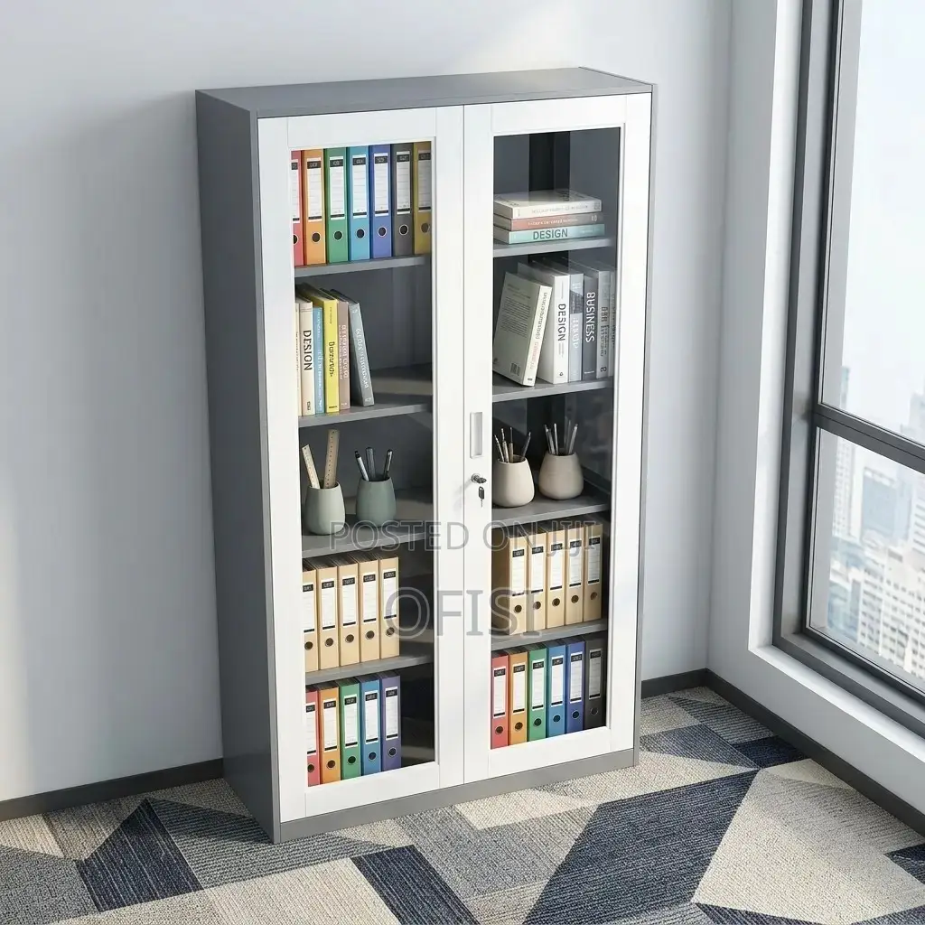 Office Cabinet; Glass Door Filing Cabinet (White Black)