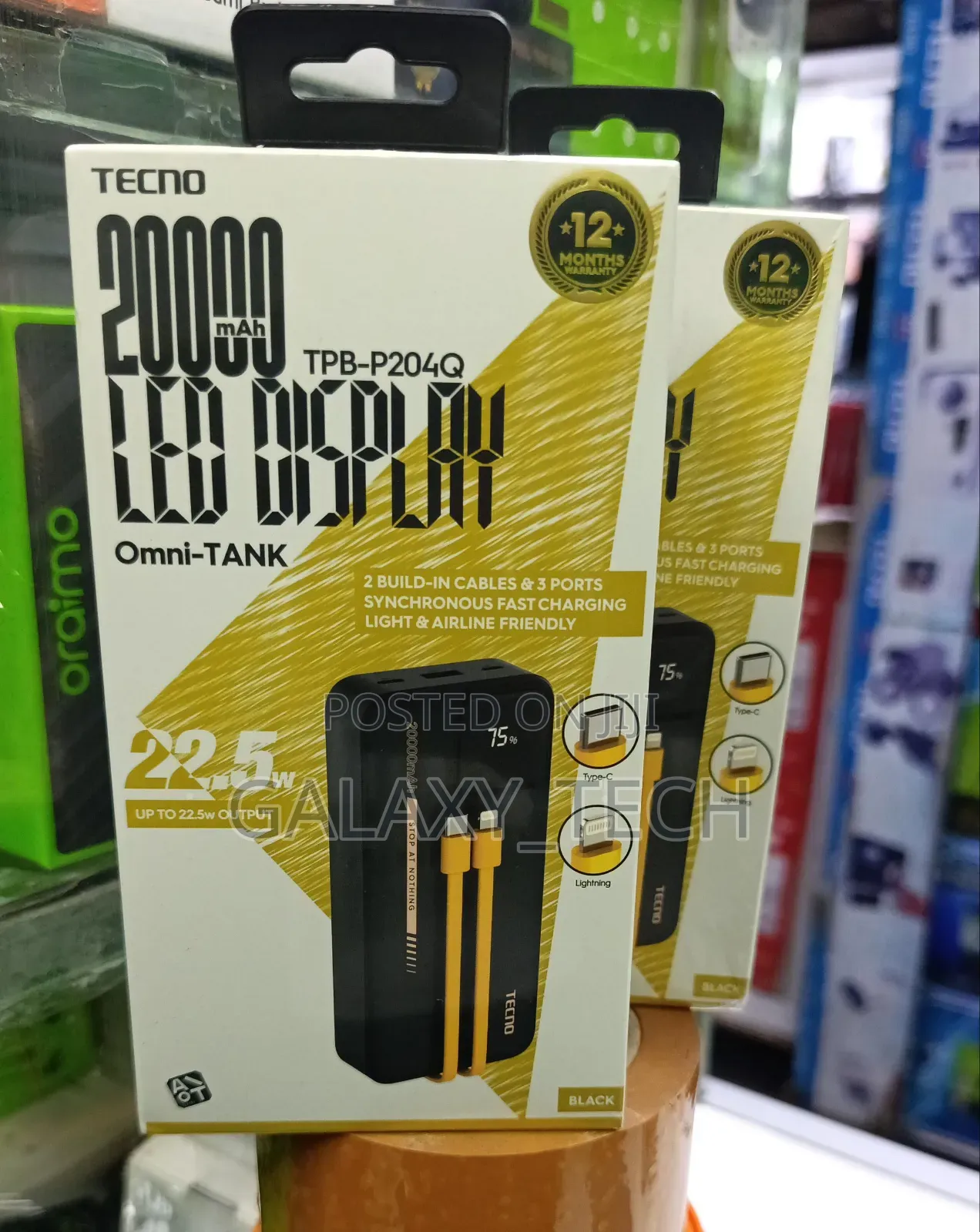 TECNO 20000mAh 22.5W - Built-in iPhone Type-C Cables + LED %Display