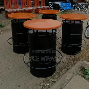 Round High Bar Drum Table, Black With Brown Top 