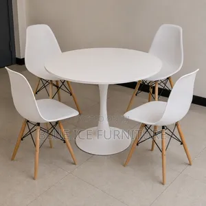 4-Seater Round Dining Table Set With Modern White Chairs