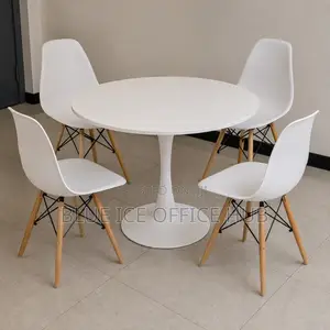 4-Seater Round Dining Table Set With Modern White Chairs