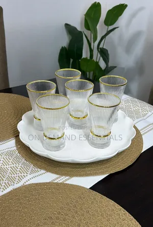 Ribbed Juice Glasses With a Gold Ring
6pc