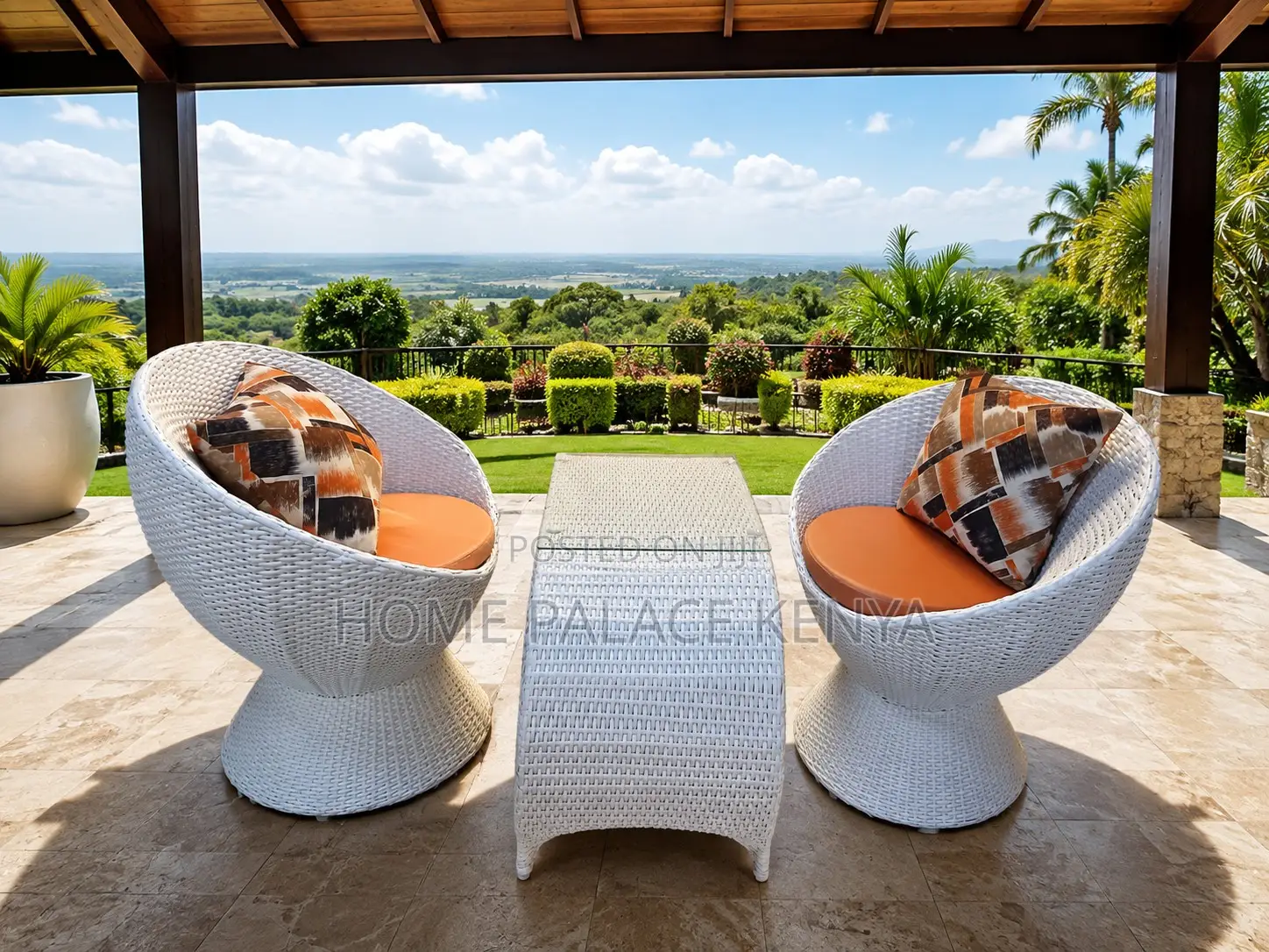 Outdoor Furniture; Elegant Large Rattan Chairs and U-Shaped Table Set