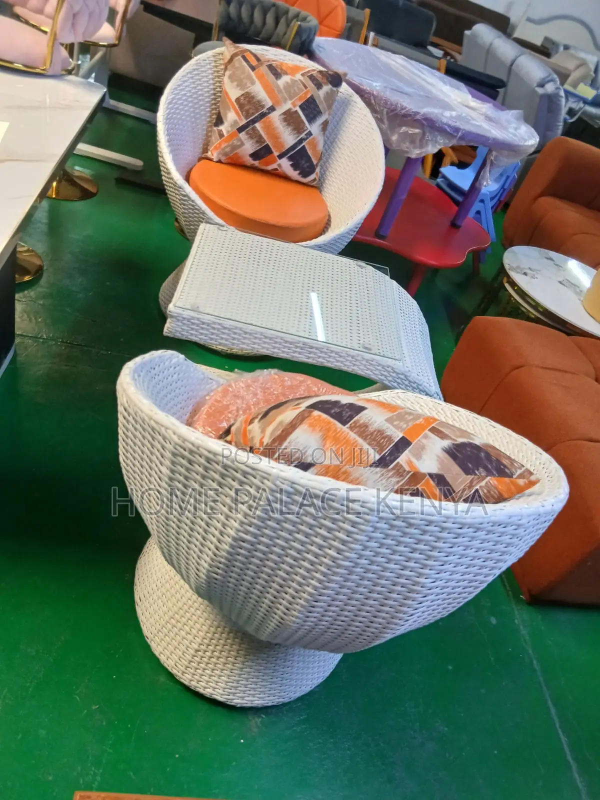 Outdoor Furniture; Elegant Large Rattan Chairs and U-Shaped Table Set