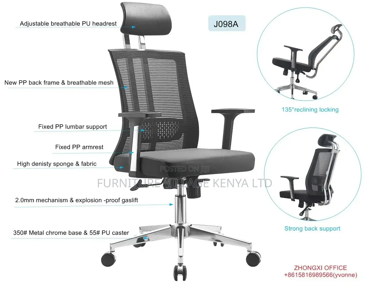 Office Chair; Mesh Reclining Ergonomic Swivel Executive Chair