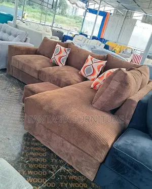 5 Seater Brown Fabric L-Shaped Sofa: Pay on Delivery
