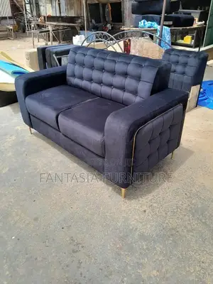 Navy Tufted 2-Seater Sofa in Gold Trim