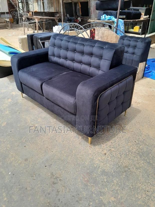 Navy Tufted 2-Seater Sofa in Gold Trim