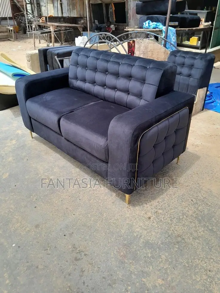 Navy Tufted 2-Seater Sofa in Gold Trim