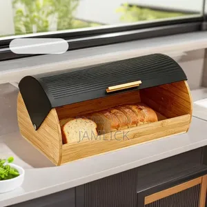 Bamboo Bread Box With Roll-Top Black Lid - Av
