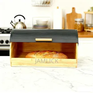 Bamboo Bread Box With Roll-Top Black Lid - Av