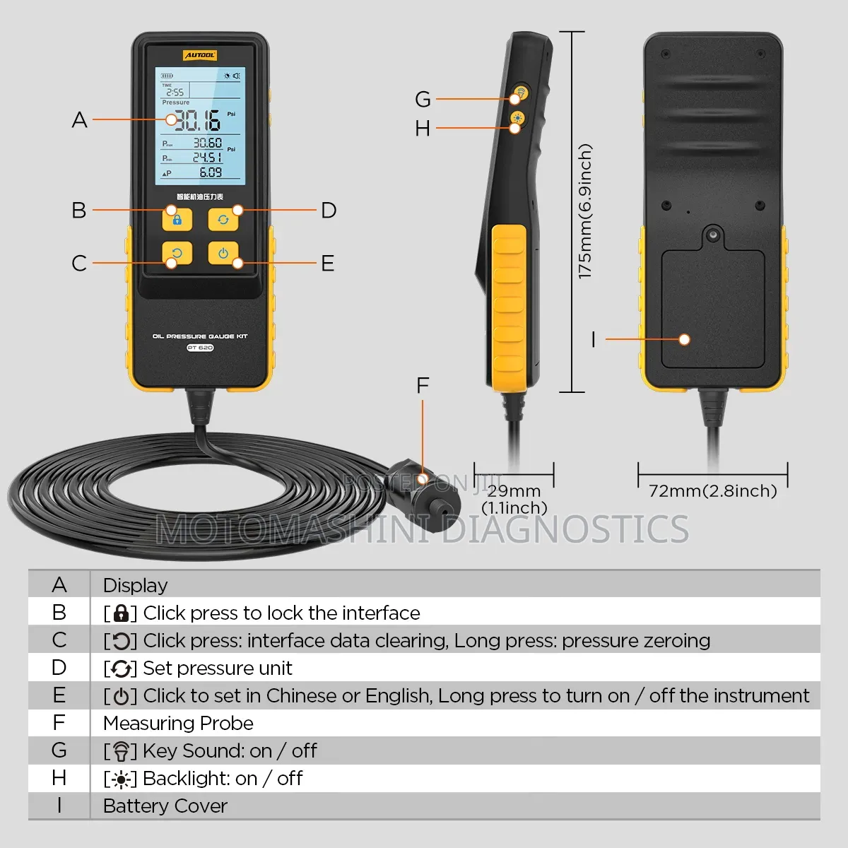 Digital Vehicle Engine Oil Pressure Tester Gauge Kit 
Autool Pt620
