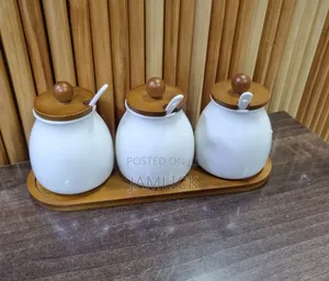 3-PCS Ceramic Canister Set With Bamboo Base - Av
