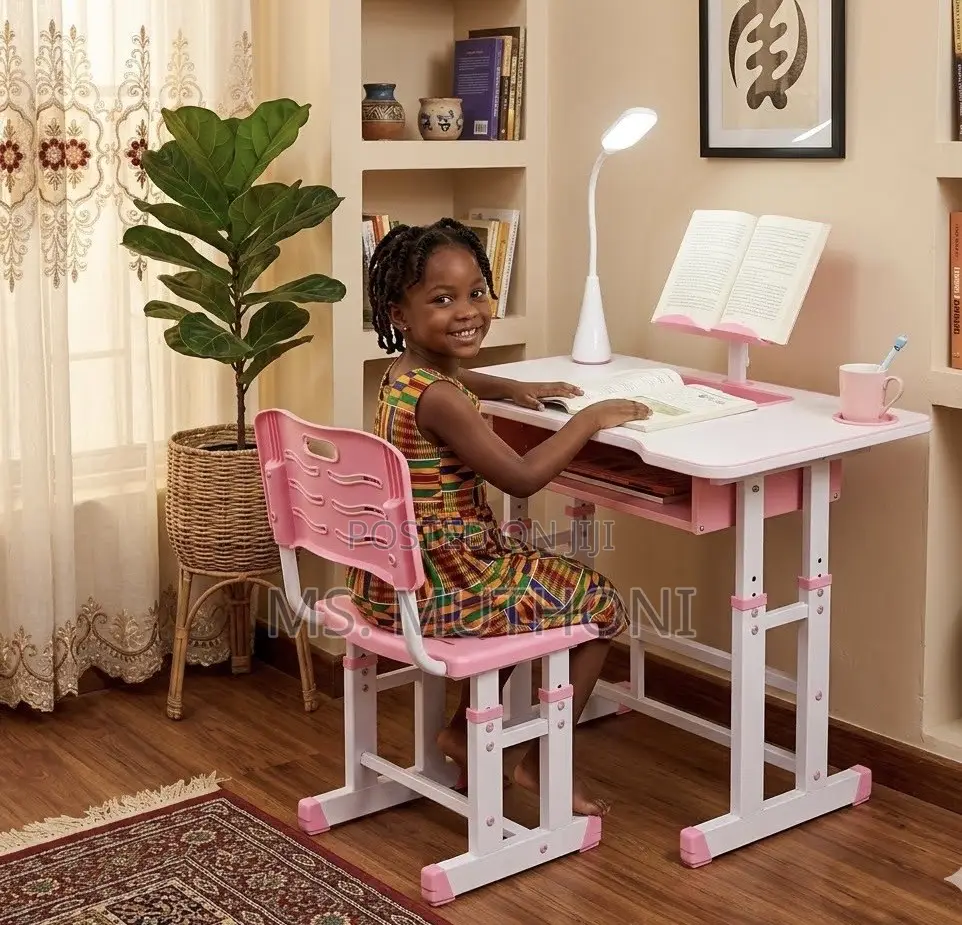 Children's Pink and White Height-Adjustable Study Desk Set + Lamp