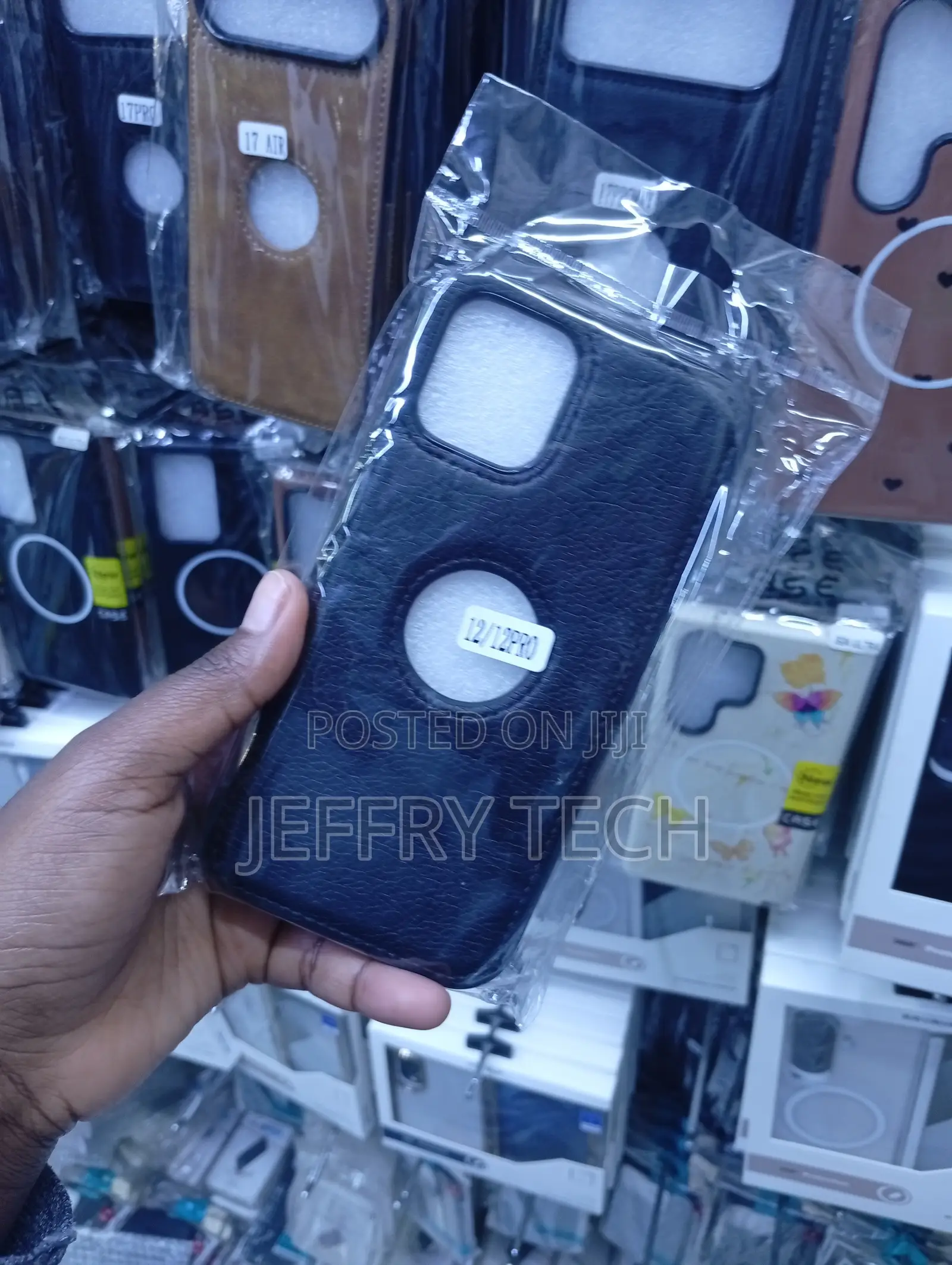 Black Leather Textured Phone Case Designed for an iPhone 12 or 12 Pro