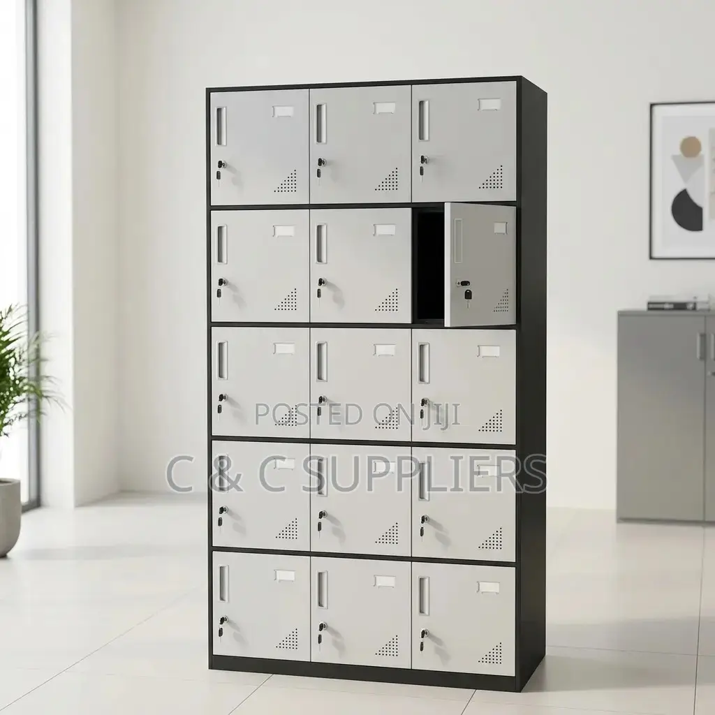 15-Door Gray Metal Locker Cabinet.