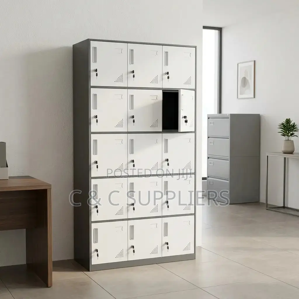 15-Door Gray Metal Locker Cabinet.