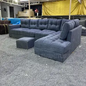 5 Seater Deep Blue-Grey L-Shape Sofa + Ottoman