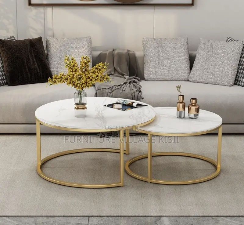 Office Furniture; 2Pieces of Marble Golden Frame Coffee Table