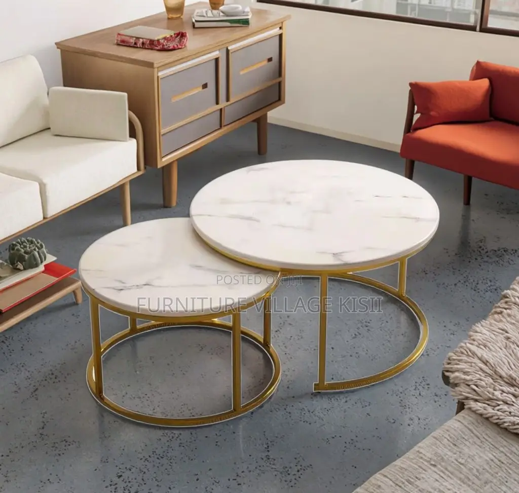 Office Furniture; 2Pieces of Marble Golden Frame Coffee Table