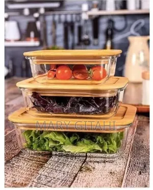 3pc Glass Bowl Containers at With Bamboo Rid