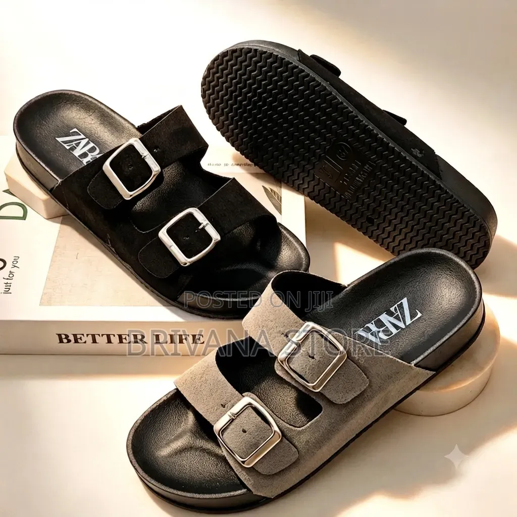 Premium Zara Men’s Suede Leather Two-Strap Open Slippers