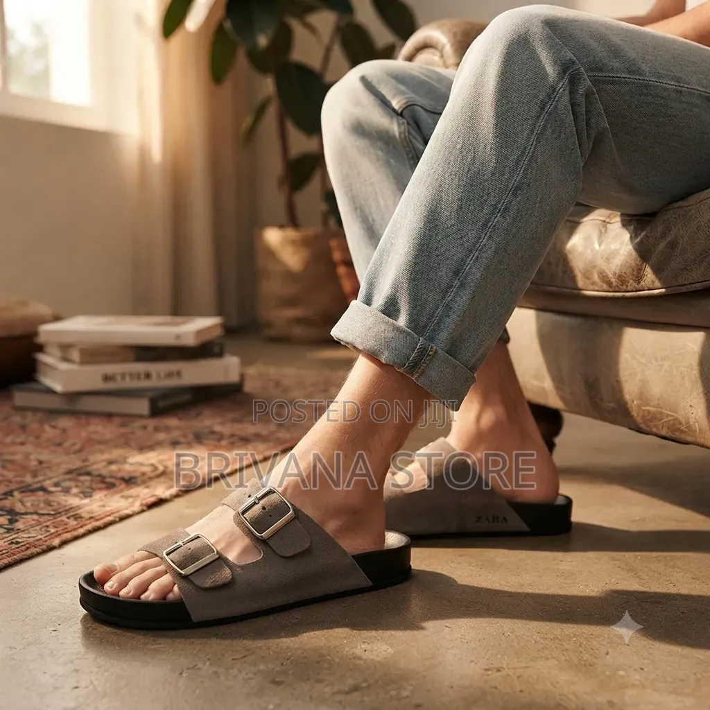 Premium Zara Men’s Suede Leather Two-Strap Open Slippers