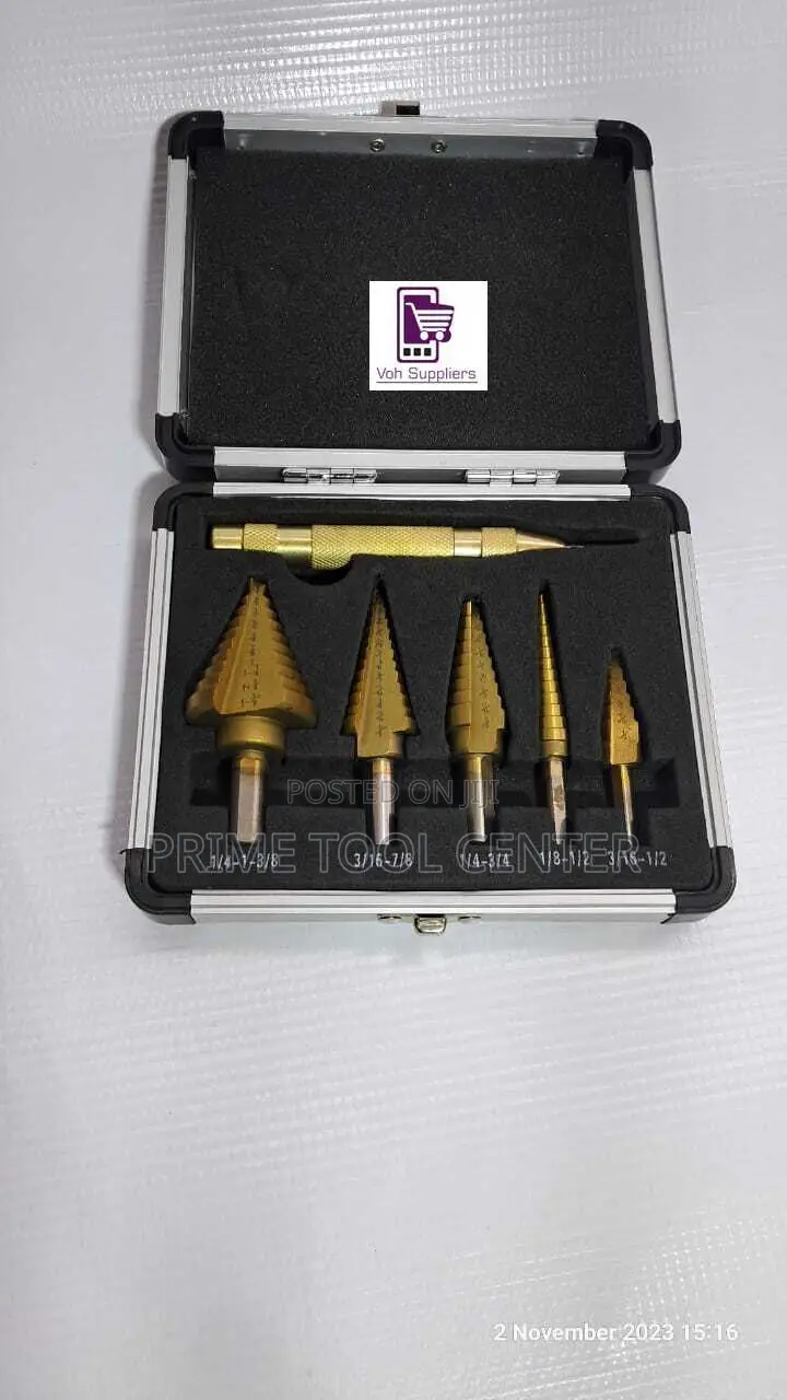 5PCS HSS Titanium Step Drill Bit Set with Automatic Center Punch