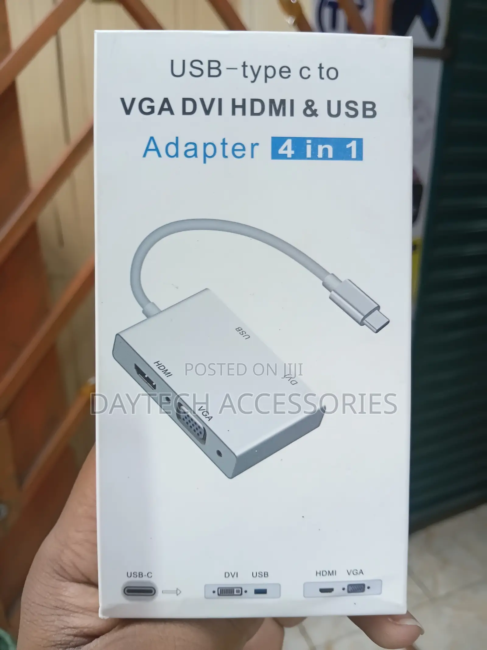 4-in-1 USB-C to HDMI, VGA, DVI, and USB 3.0 Adapter in a White Box
