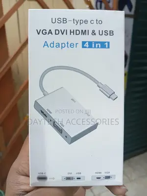 4-in-1 USB-C to HDMI, VGA, DVI, and USB 3.0 Adapter in a White Box