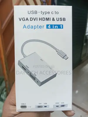 4-in-1 USB-C to HDMI, VGA, DVI, and USB 3.0 Adapter in a White Box