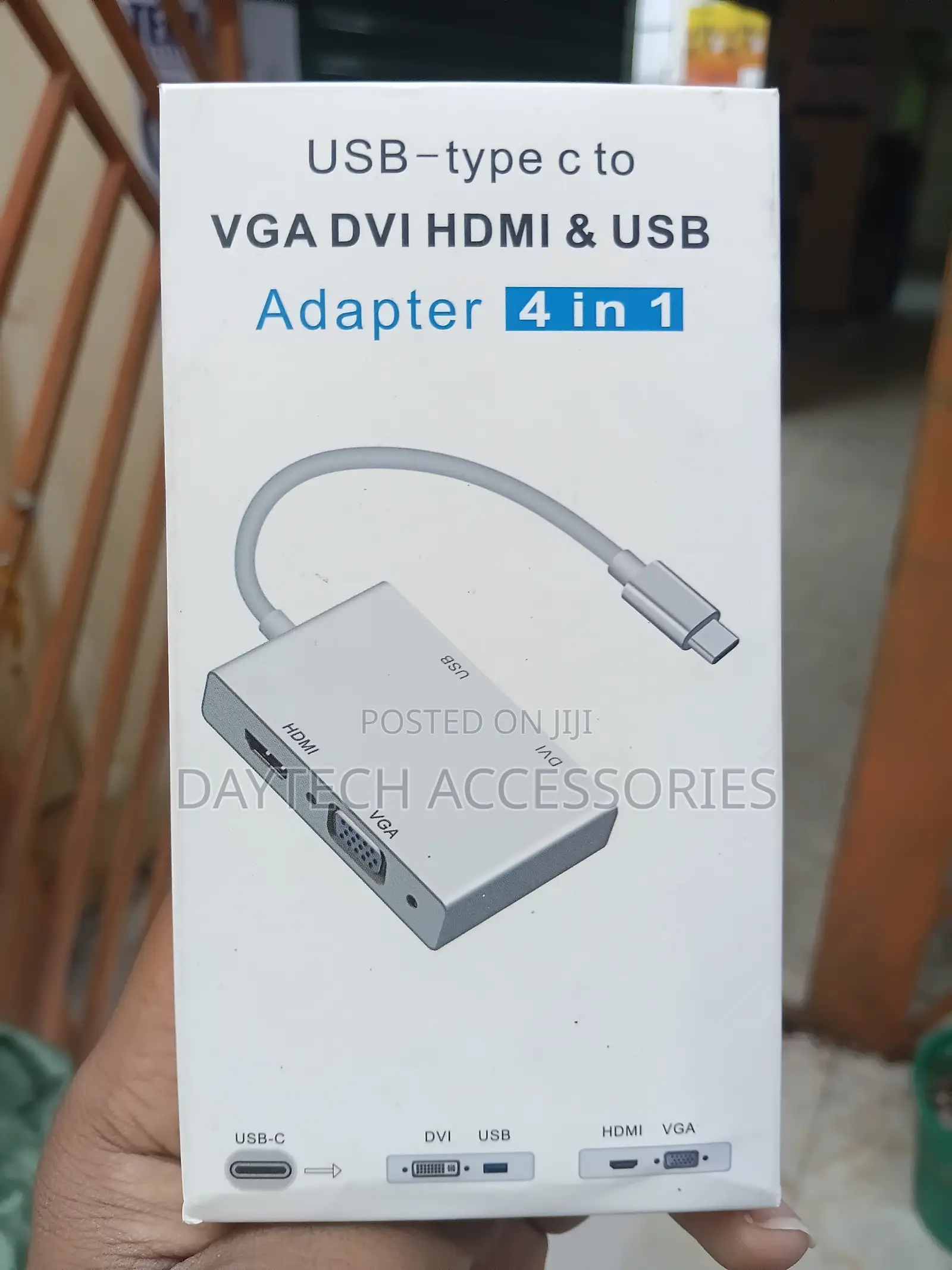 4-in-1 USB-C to HDMI, VGA, DVI, and USB 3.0 Adapter in a White Box