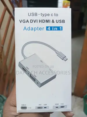 4-in-1 USB-C to HDMI, VGA, DVI, and USB 3.0 Adapter in a White Box