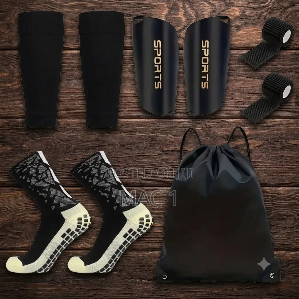 5-in-1 Premium Soccer Gear setGrip Socks Shin Guards Sleeves Tape Bag