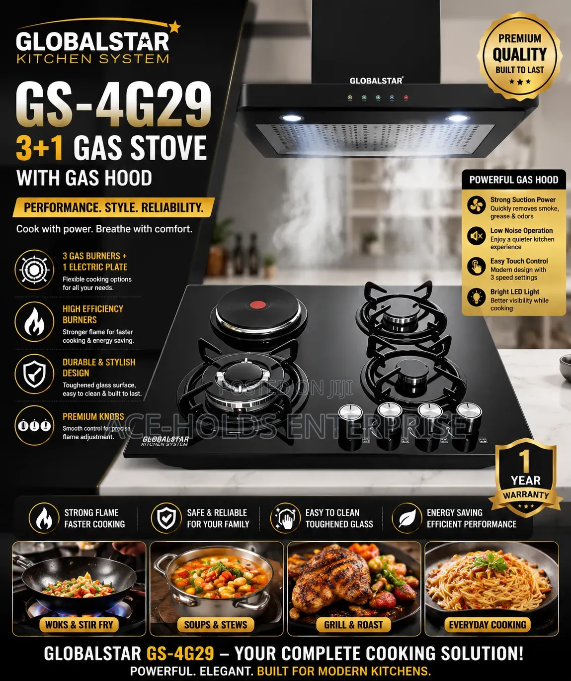 Globalstar GS-4G29 3+1 Gas Stove With Gas Hood – Powerful Stylish