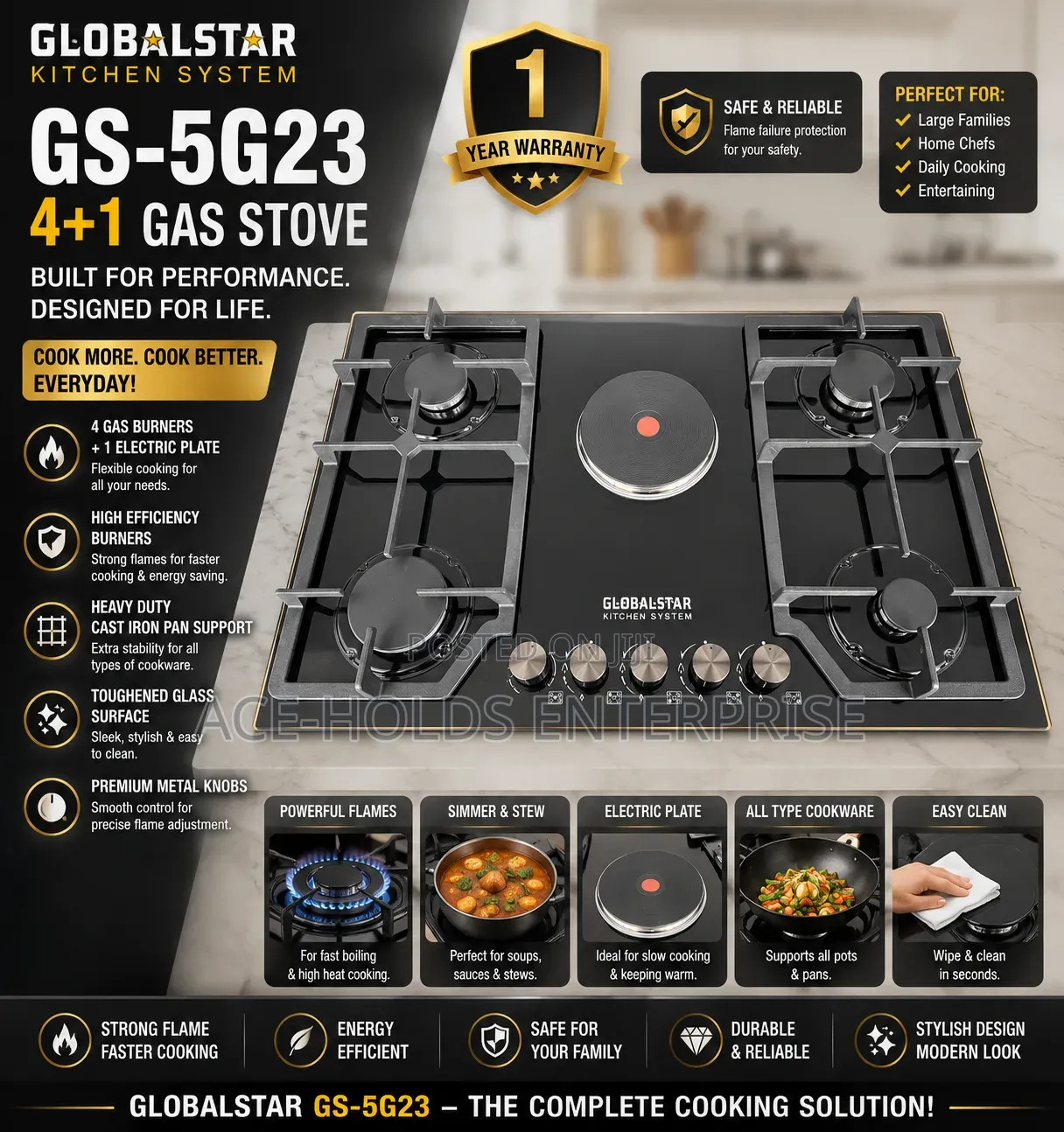 Globalstar GS-5G23 4+1 Gas Hob Cooker – Built-In
